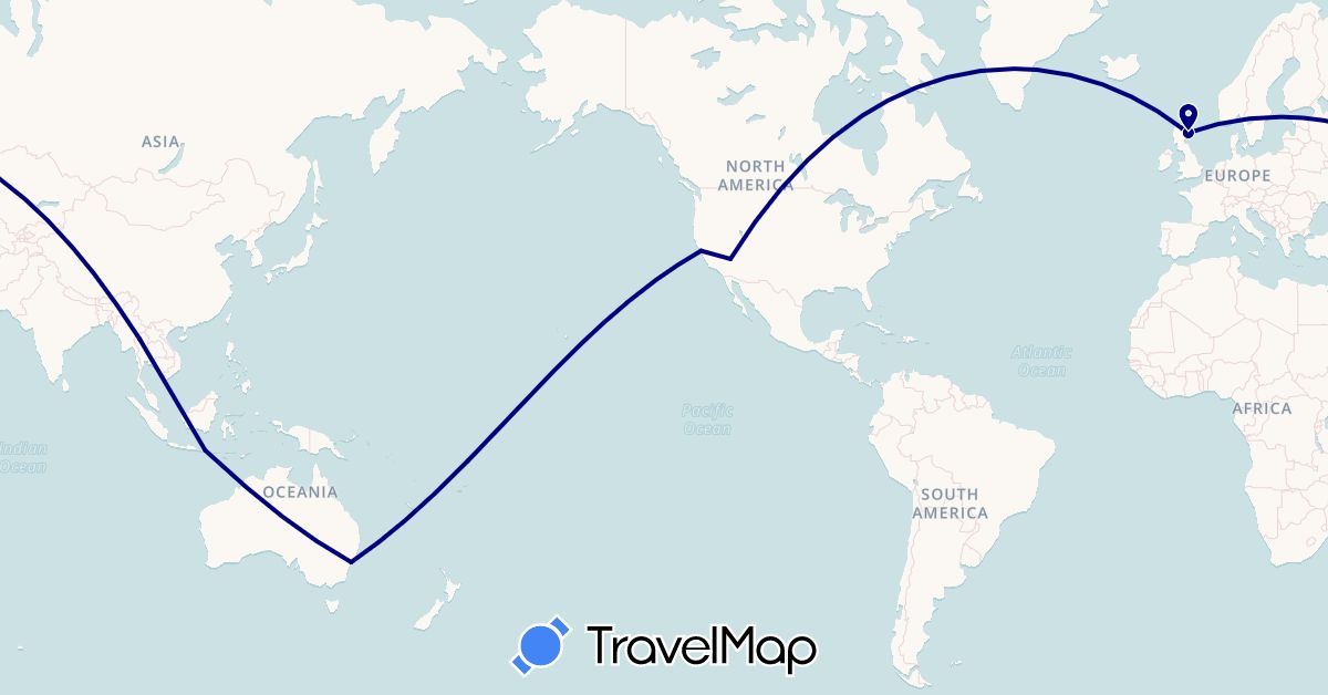 TravelMap itinerary: driving in Australia, United Kingdom, Indonesia, Thailand, United States (Asia, Europe, North America, Oceania)
